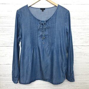 Talbots Women's Chambray Tunic Top Laced Front Long Sleeves Lightweight Large